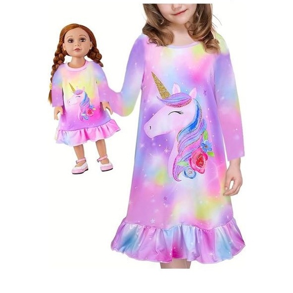 Unicorn Rainbow Dress with Matching Doll Set - Picture 2 of 3